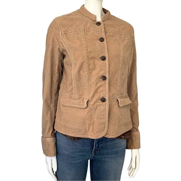 Vintage Y2K Tan Corduroy Jacket Tonal Floral Embroidered Medium Boho Cottagecore - Picture 4 of 13